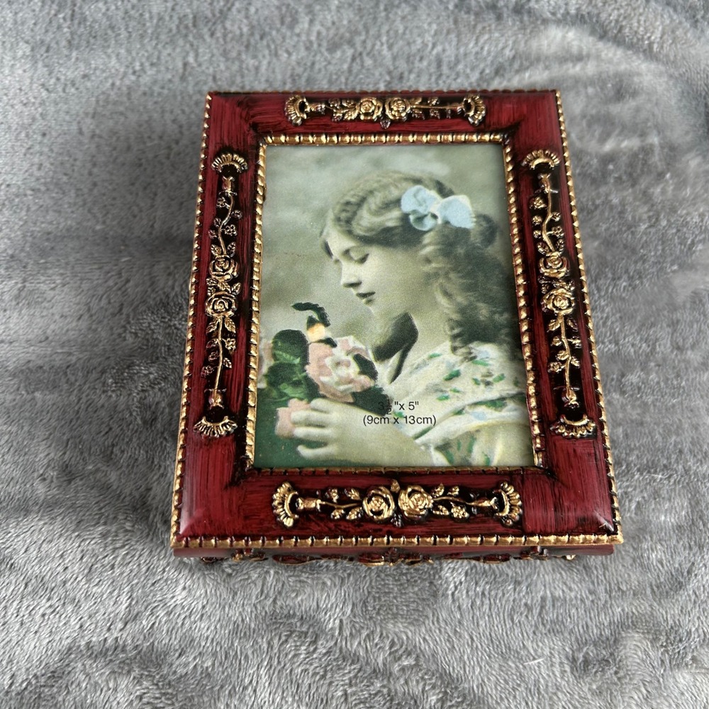 Vintage Style Red Gold Floral Jewelry Box Picture Frame Lid Keepsake Trinket Box